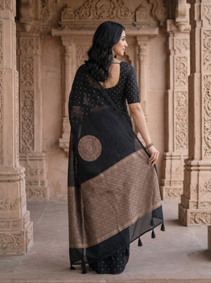 Cotton Silk Black Golden Polka Dot Mandala Floral Brocade Pallu