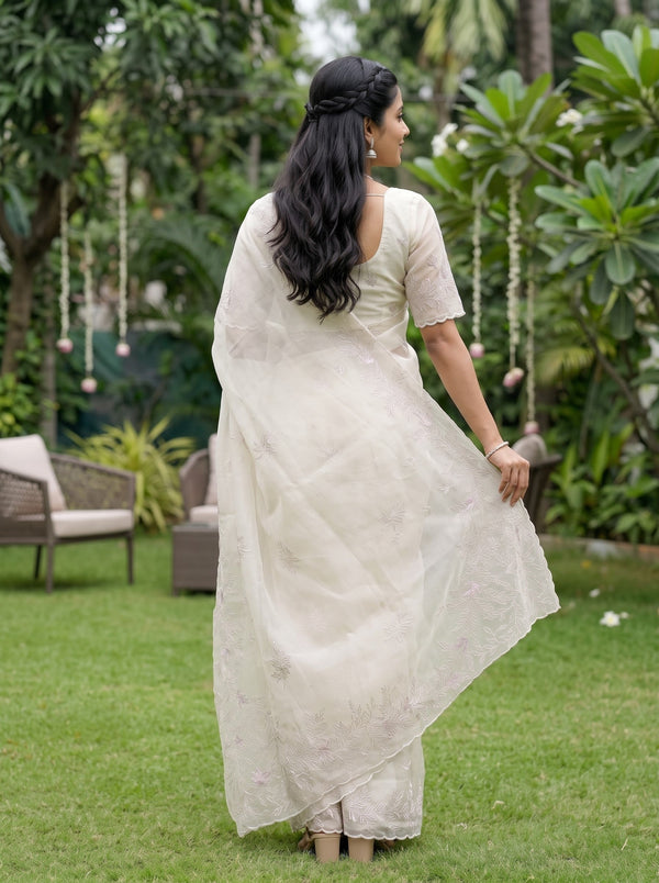 Organza Ivory Floral Leaf Embroidery  Saree
