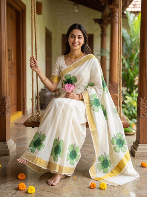 Cotton Cream Green Hibiscus Print Onam Special Kerala Saree
