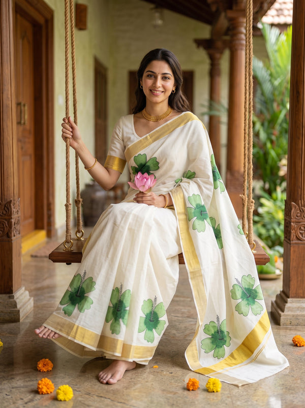 Cotton Cream Green Hibiscus Print Onam Special Kerala Saree