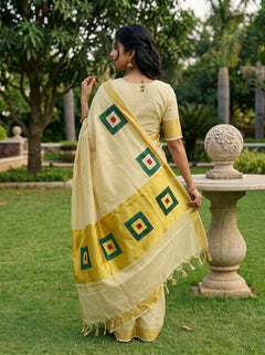 Tissue Cream Gold Checked Green Square Print Onam Special Kerala Saree