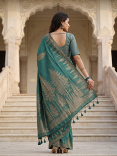 Semi Silk Bottle Green Pine Forest Print Saree with Tassels