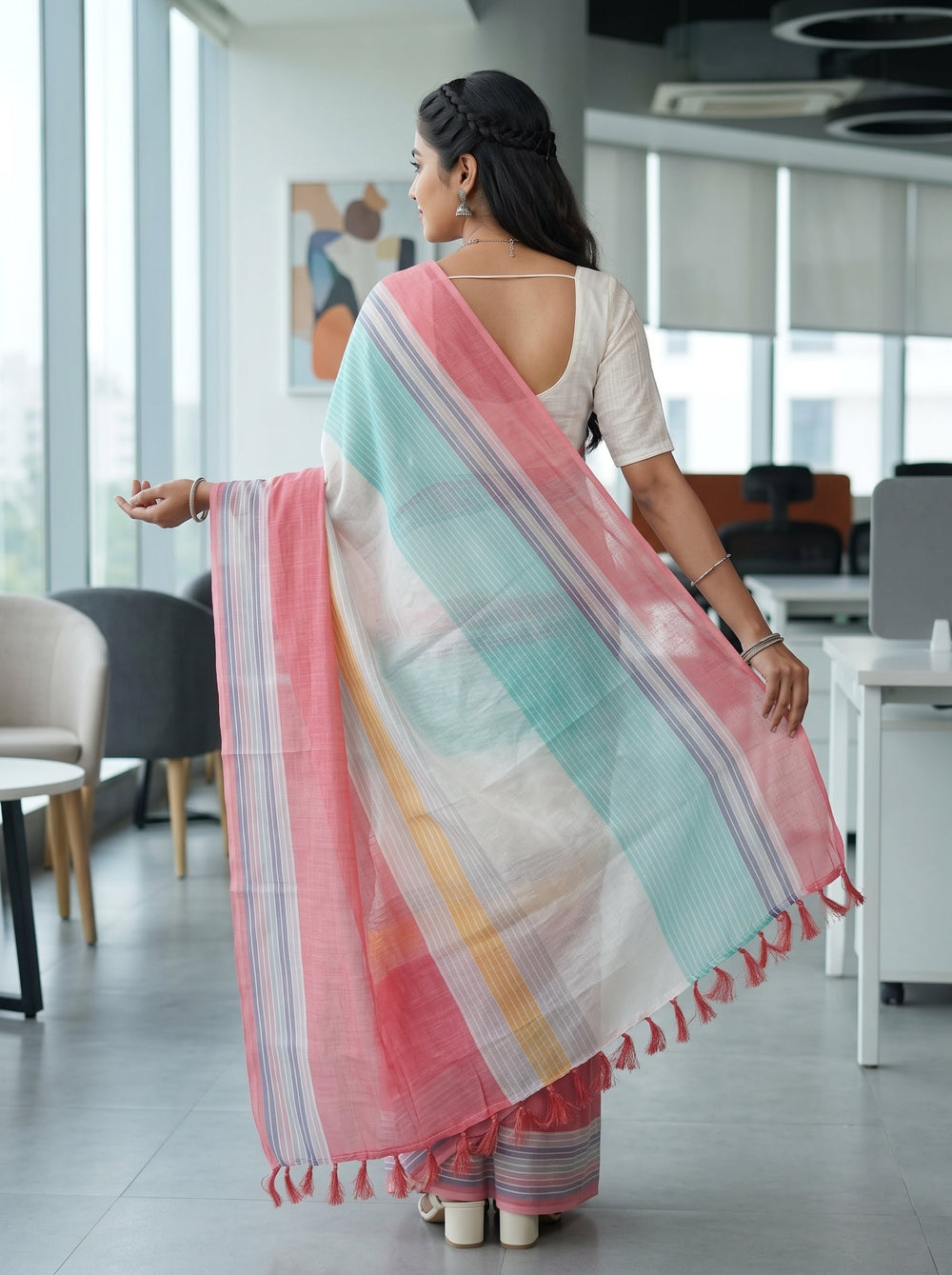 Cotton Pink and Multicolor Wide Striped Pallu Red Tassels Saree