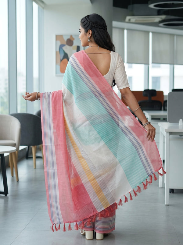 Cotton Pink and Multicolor Wide Striped Pallu Red Tassels Saree