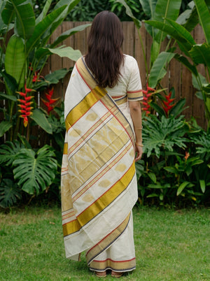 Cotton White Golden Butta with Red Black Temple Border Onam Special Kerala Saree