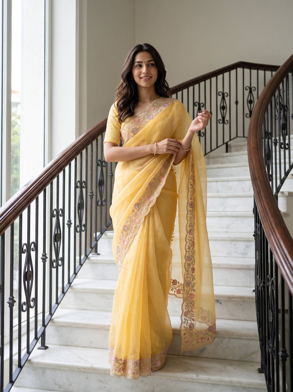 Organza Pastel Yellow Multicolor Floral Vine Embroidered Scalloped Border Saree