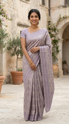 Woman wearing a light purple saree with a traditional design, standing outdoors.