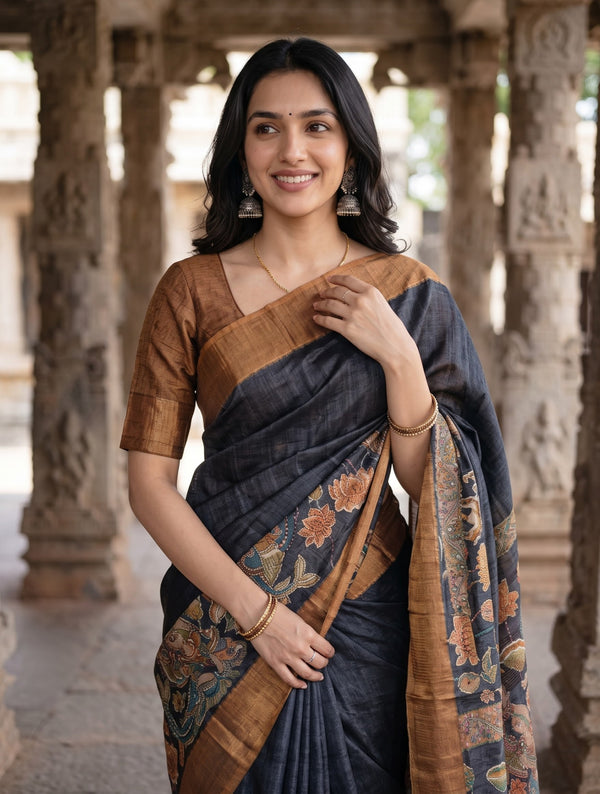 Tussar Silk Rust Brown and Black Kalamkari Saree with Embroidered Lotus Motif Pallu