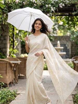 Mul Chanderi Silk White Allover Yellow  Camellia Vine Embroidery Saree