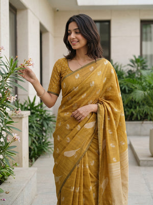Cotton Silk Mustard Yellow Saree with Golden Bird Motif Pallu