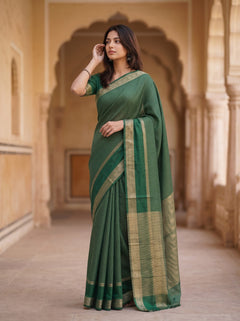 Semi Silk Bottle Green Golden Checkered Elephant Motif Saree