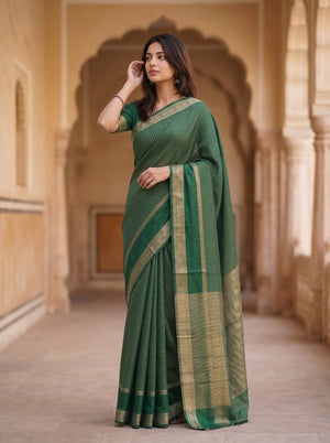 Semi Silk Bottle Green Golden Checkered Elephant Motif Saree