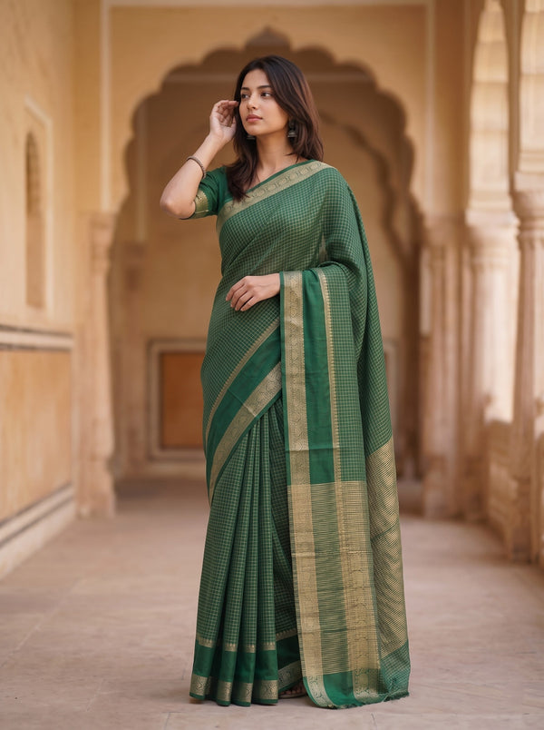 Semi Silk Bottle Green Golden Checkered Elephant Motif Saree
