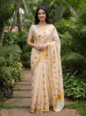 Tissue Cream Orange Lotus Print Kerala Saree with Golden Zari Border