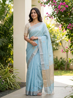 Linen Sky Blue Golden Zari Pallu Saree with Bead Work Leaf Butta, Knotted Tassels
