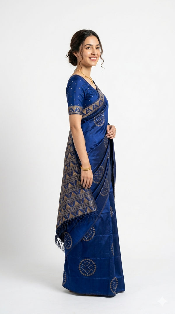 Art Silk Navy Blue Geometric Zari Motif Saree