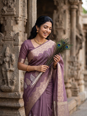 Matka Silk Mauve Silver Leaf Motif Border Saree