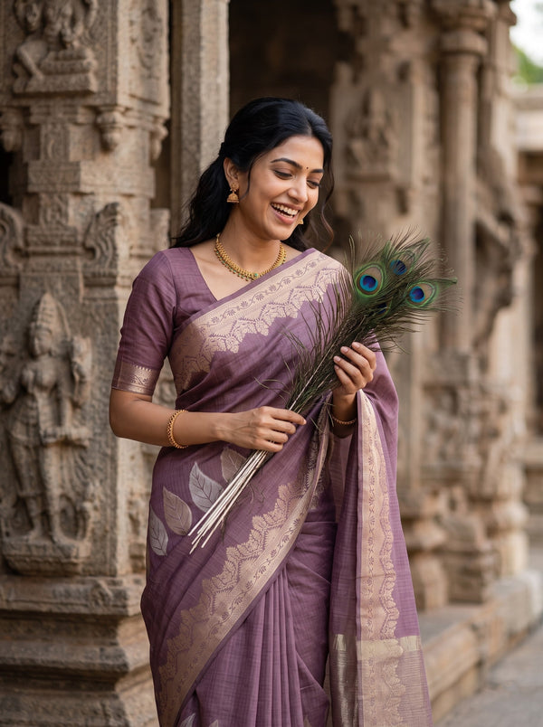 Matka Silk Mauve Silver Leaf Motif Border Saree