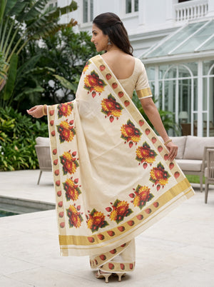 Tissue Cream Kerala Saree with Lotus Flower Print Pallu and Golden Zari Leaf Border