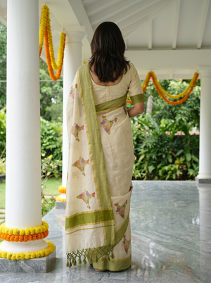 Tissue Cream Multicolor India Map Print Traditional Green Border Festive Kerala Saree