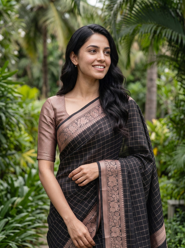 Cotton Silk Black Golden Paisley Floral Butta Pallu Saree