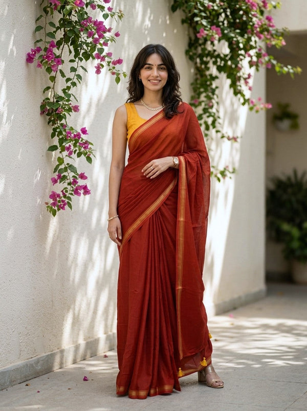 Woman in a red saree standing in front of a white wall with pink flowers