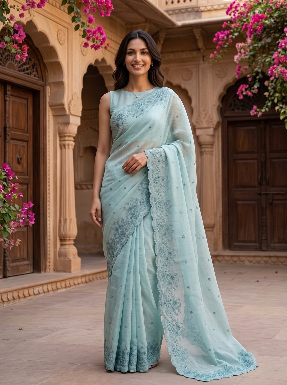 Cotton Sky Blue Navy Peacock Motif Royal Blue Ombre Border Saree