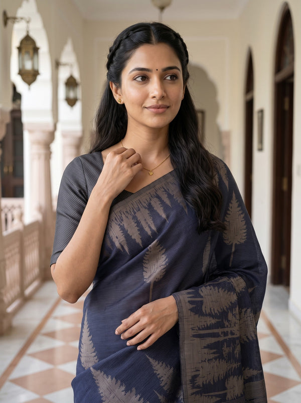 Matka Silk Navy Blue Fern Leaf Print Saree