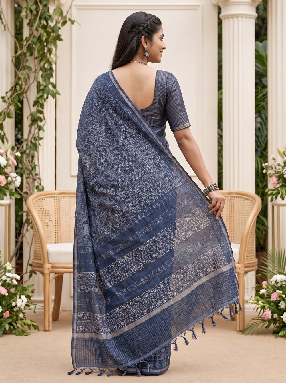 Polycotton Indigo Blue Ajrakh Block Print Mirror Work Saree with Banded Pallu
