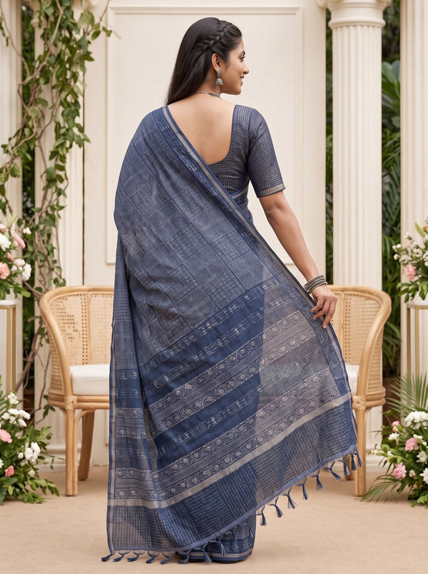 Polycotton Indigo Blue Ajrakh Block Print Mirror Work Saree with Banded Pallu