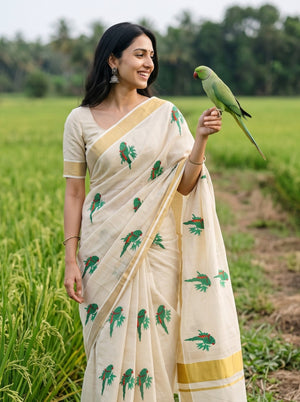 Tissue Cream Golden Green Parrot Embroidered Pallu Broad Kasavu Zari Border Kerala Saree