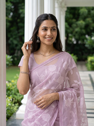 Net Kota Blush Pink Self-Tone Rose Vine Saree