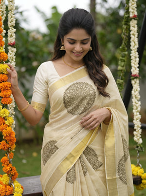 Tissue Golden Cream Rangoli Medallion Print Onam Special Kerala Saree