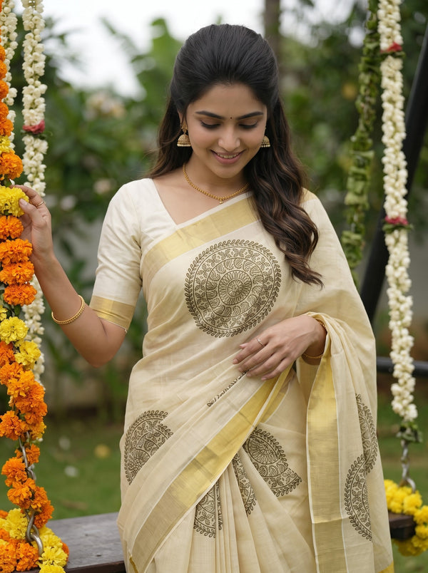 Tissue Golden Cream Rangoli Medallion Print Onam Special Kerala Saree
