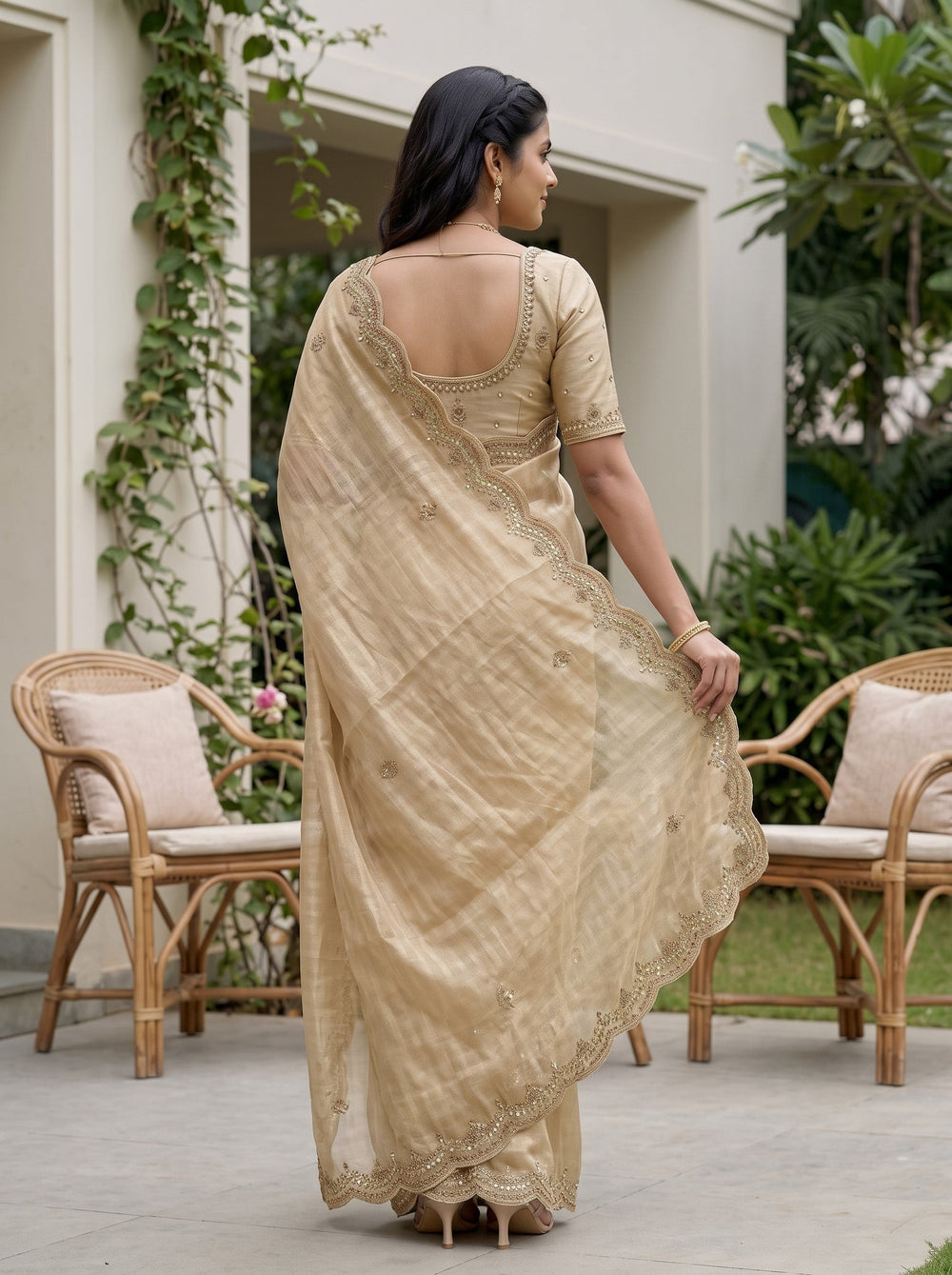 Chiffon Champagne Golden Beaded Border Saree