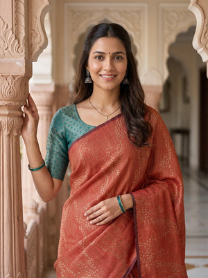 Semi Tussar Silk Coral Teal Floral Diamond Trellis Pallu Saree