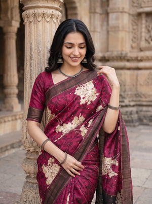Tussar Silk Maroon Saree with Abstract Floral Pallu and Zari Thread Work