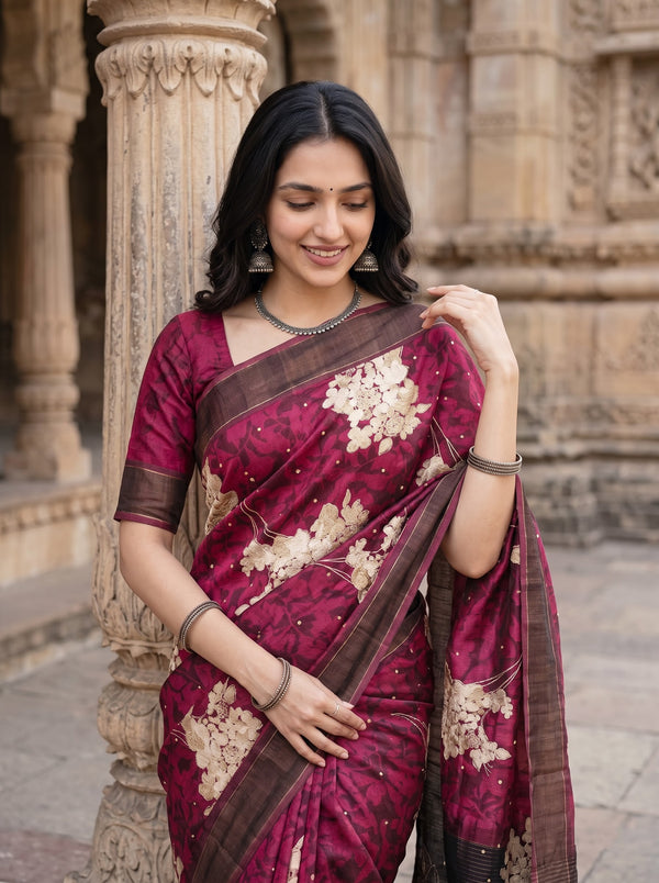 Tussar Silk Maroon Saree with Abstract Floral Pallu and Zari Thread Work