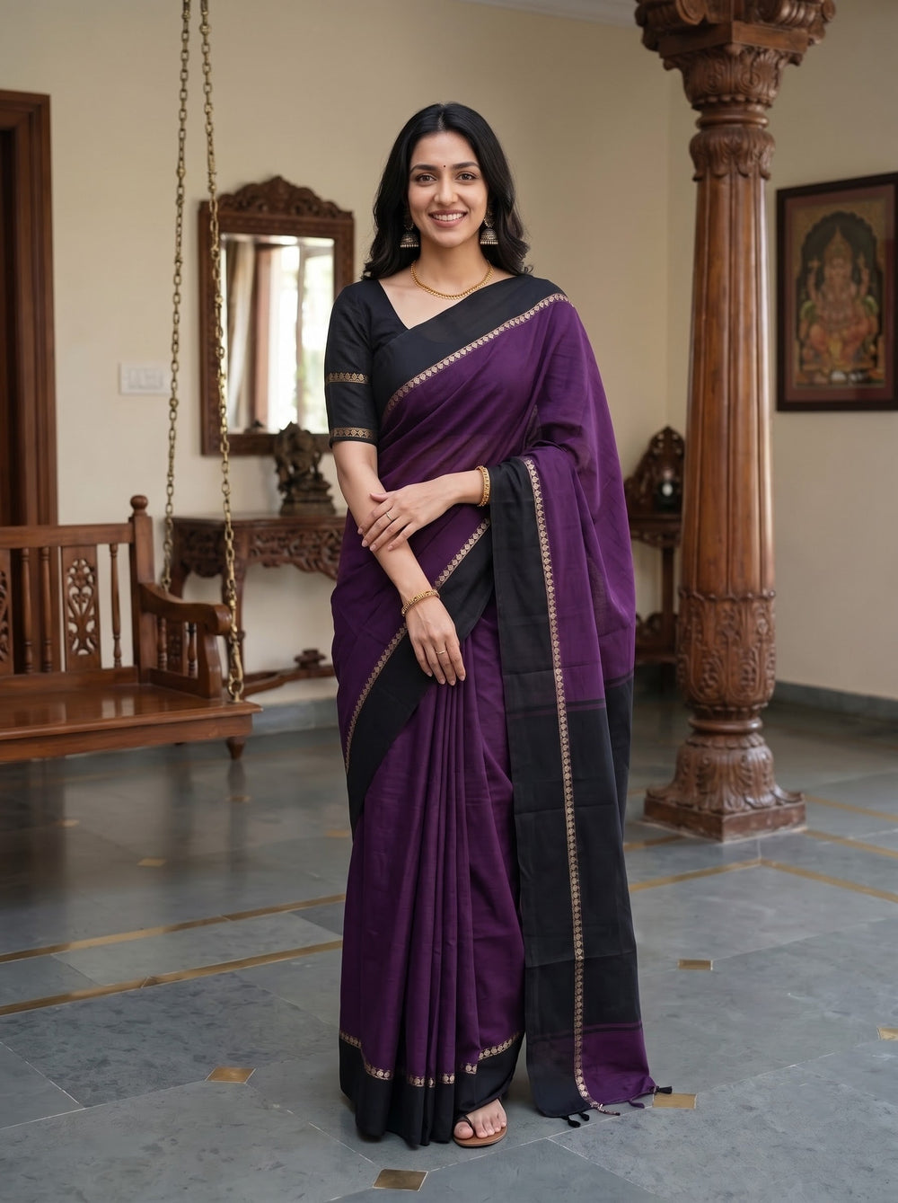 Cotton Silk Purple Black Dual Tone Solid Saree
