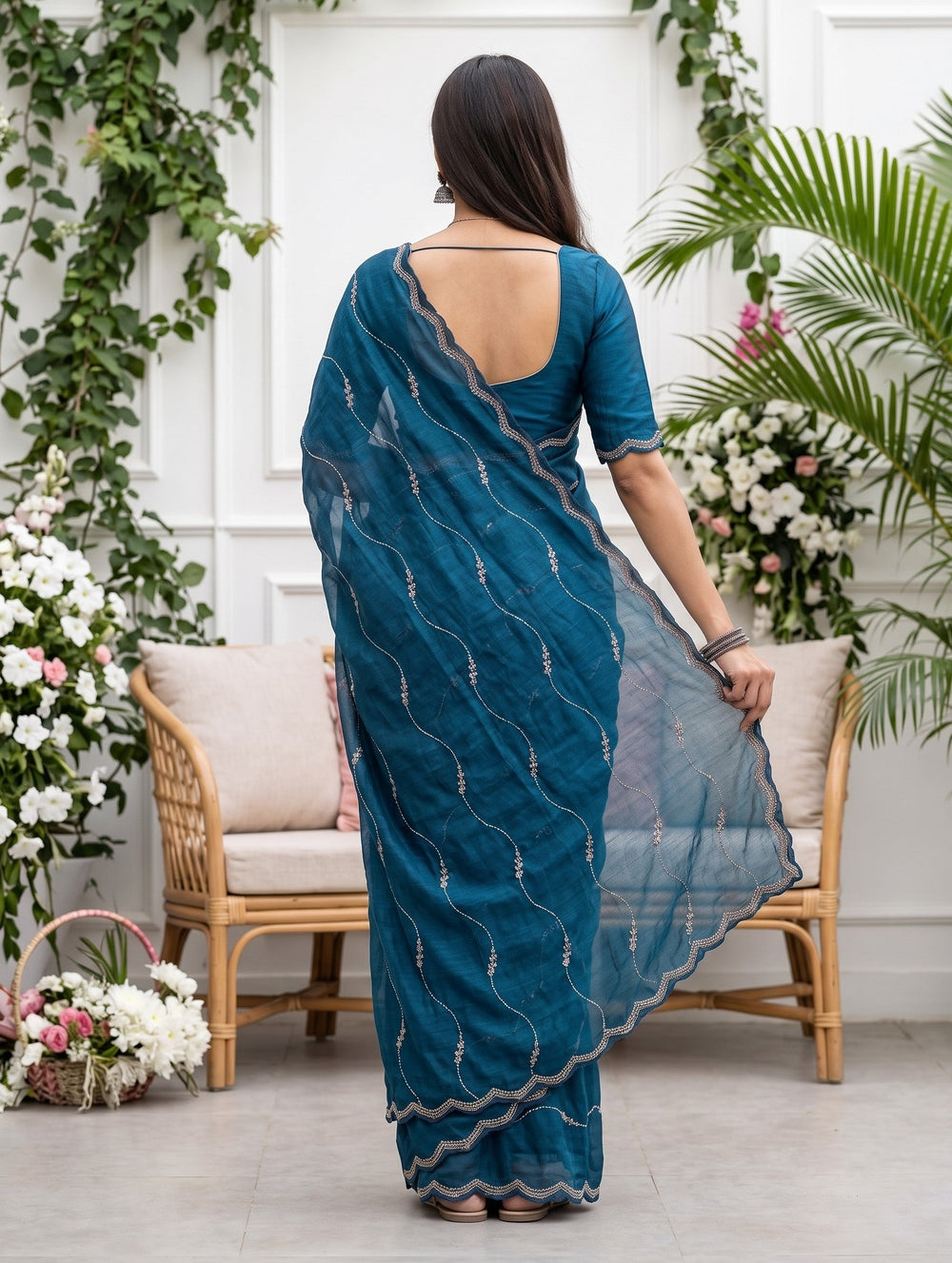 Chiffon Teal Blue Wavy stone Embellished Saree