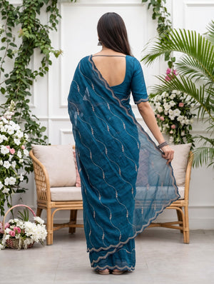 Chiffon Teal Blue Wavy stone Embellished Saree