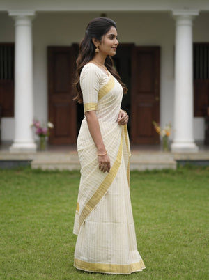 Cotton Cream Gold Pin Stripe Onam Special Kerala Saree