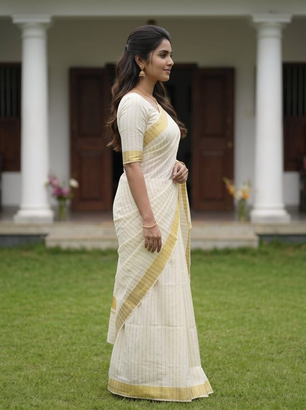 Cotton Cream Gold Pin Stripe Onam Special Kerala Saree