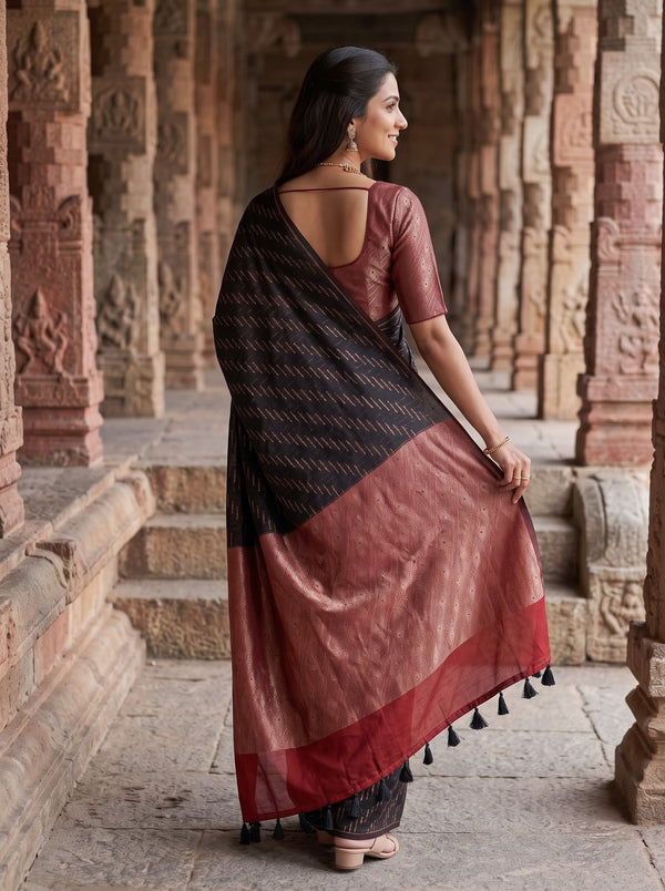 Matka Silk Black Red Diagonal Streak Zari Diamond Saree with Tassels