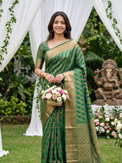 Kanjivaram Brocade Saree in Green with Golden Paisley Motif Pallu