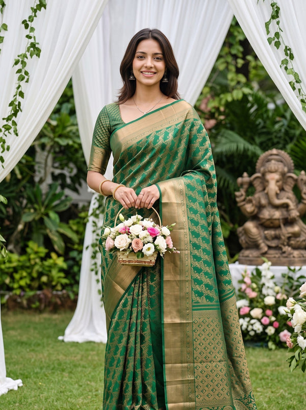 Kanjivaram Brocade Saree in Green with Golden Paisley Motif Pallu