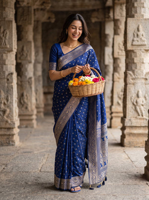 Banarasi Navy Blue Copper Zari Kalka Paisley Jaal Pallu Saree with Floral Butta
