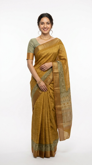 Cotton  Mustard Yellow Traditional Pattern And Thread Stripe Saree