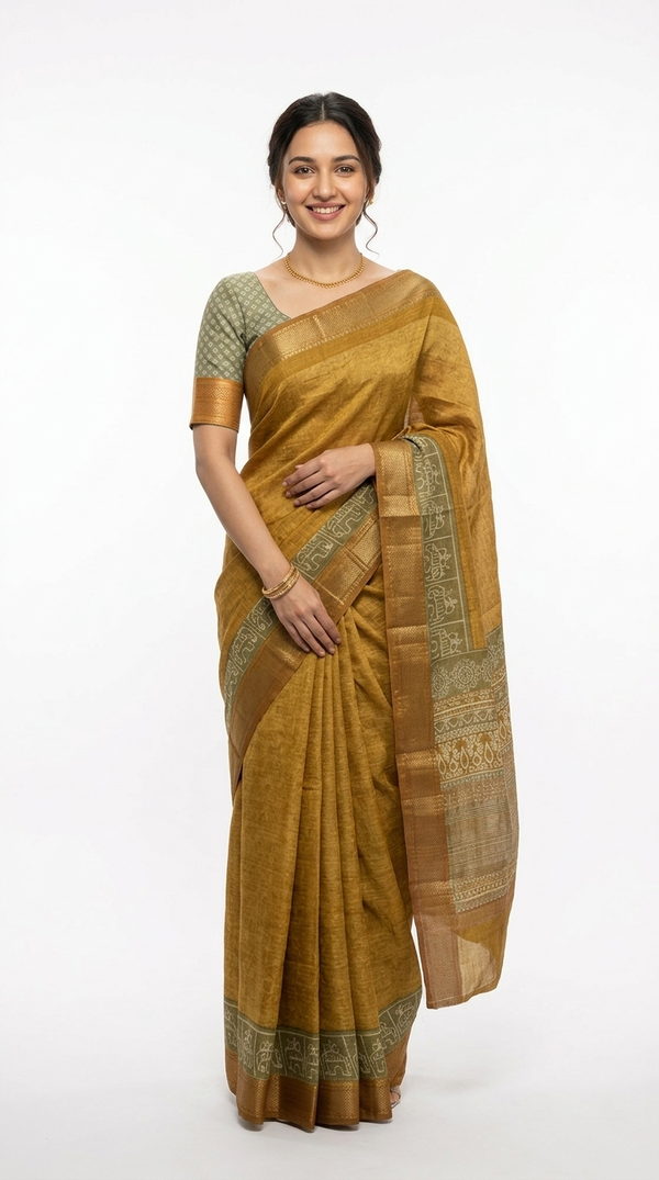 Cotton  Mustard Yellow Traditional Pattern And Thread Stripe Saree