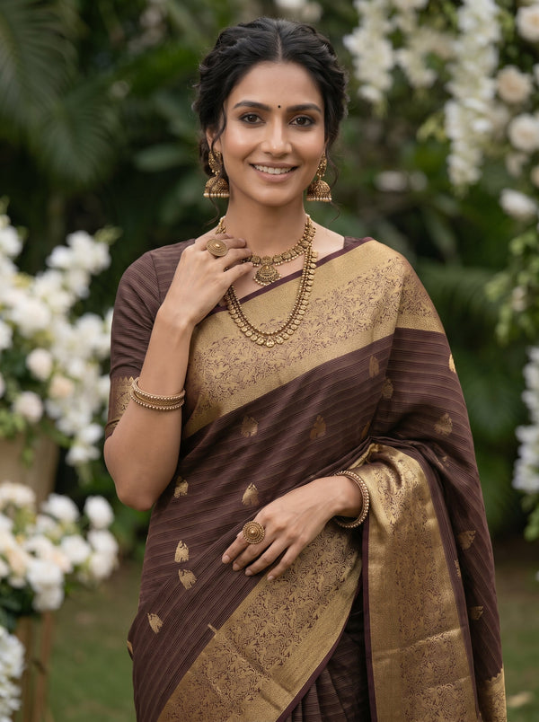 Kanjivaram Silk Brown Saree with Striped Weaving and Rich Border